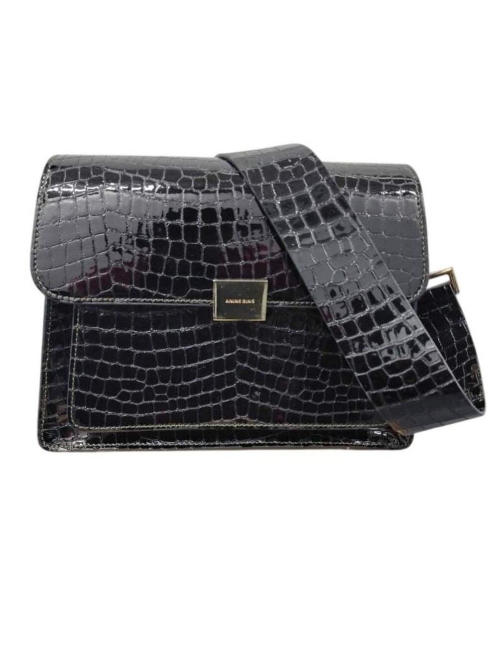 Anine Bing Felix Black Croc-Embossed Genuine Leather Boxy Shoulder Bag